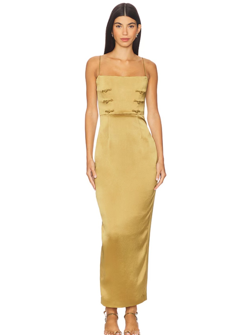 Sau Lee Strapback Satin Column Dress in Olive